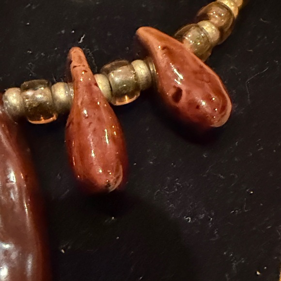 Brown and Gold Toned Mixed Material Choker Necklace - Picture 10 of 14